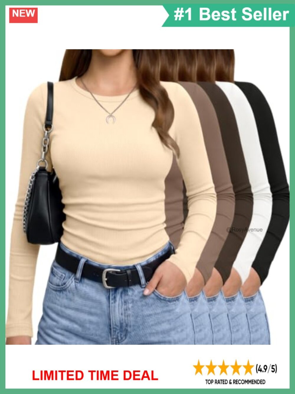 5 Pack Womens Long Sleeve Ribbed Crew Neck Slim Fit Layering T-Shirts